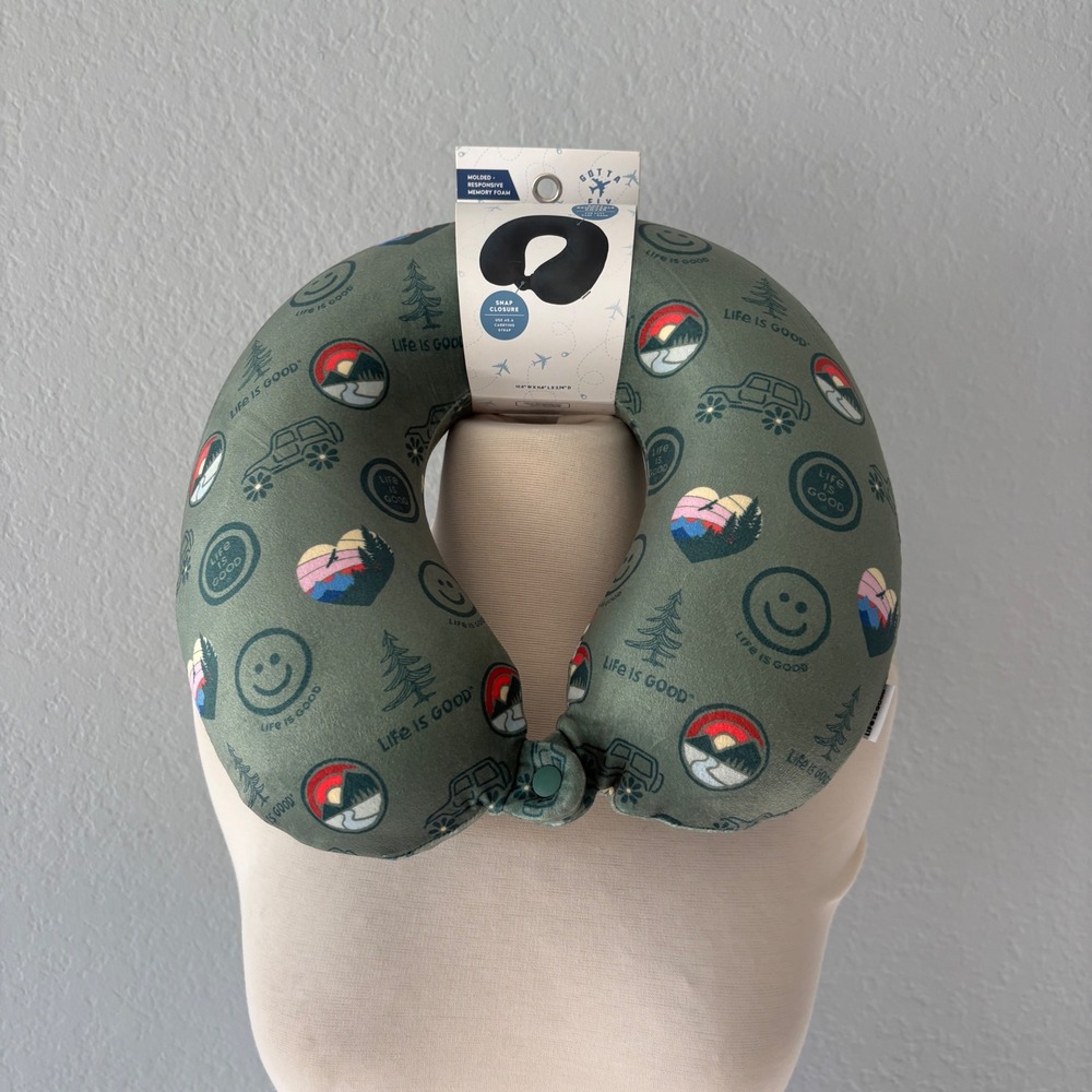 Life is Good Green Travel Neck Pillow High Density Memory Foam Snap Closure NWT